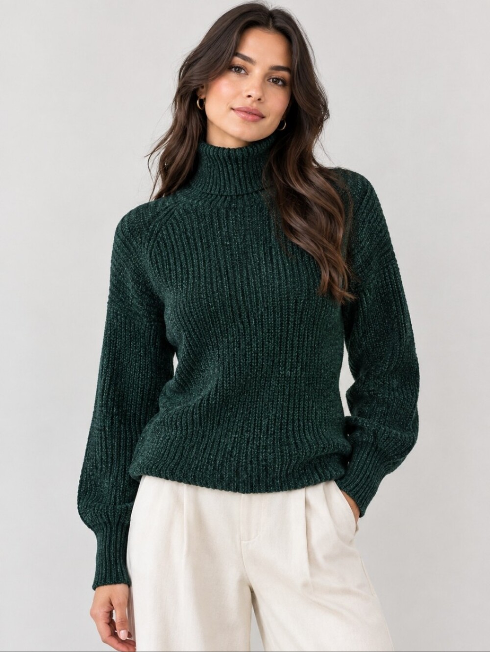 Calvin Klein Dark Green Wool-Blend Knit Ribbed Turtleneck Sweater Size Small